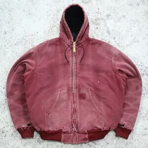 THRASHED Vintage Carhartt J68 CRI Crimson Distressed Faded Red Hooded Jacket XL
